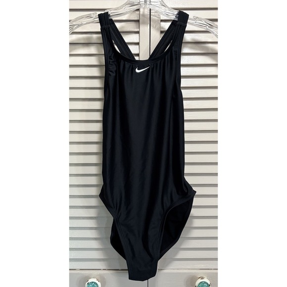 Nike Racerback Black Logo One‎ Piece Swim Bathing Suit Size 6 Straps Open Back - Picture 1 of 6
